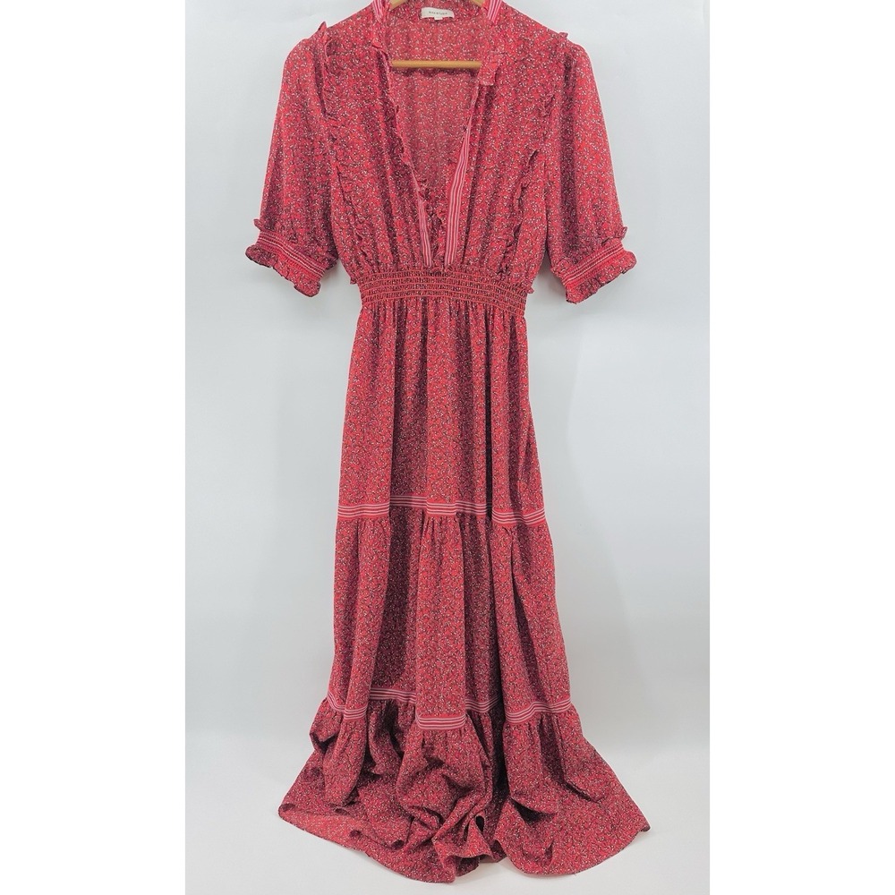Max Studio Red Floral Boho Maxi Dress L Smocked Waist Tiered Cottagecore WW11 - Picture 2 of 13